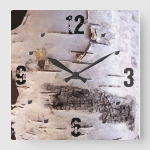 3D White Birch Bark Square Wall Clock