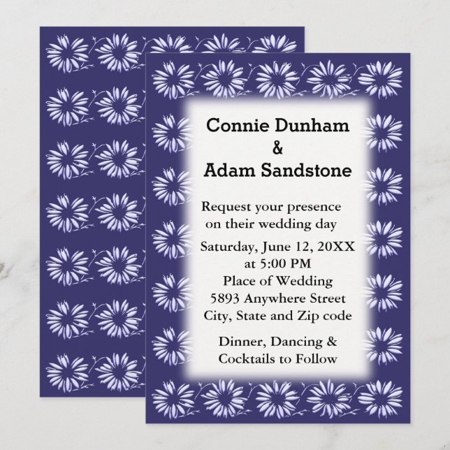 3D White Daisies Pattern Lapis Blue Wedding Invite (Front/Back)
