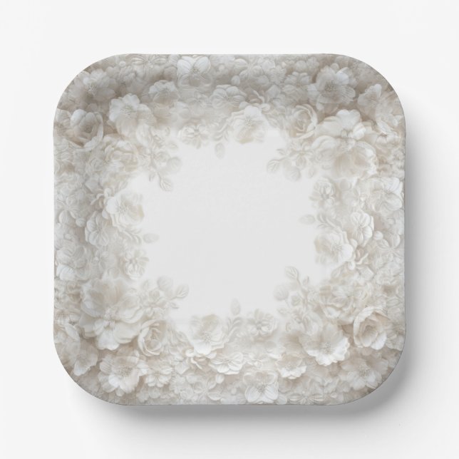 3D White Embossed Floral Elegant Wedding Paper Pla Plate (Front)