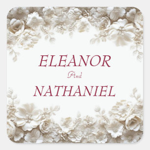 3D White Floral Burgundy Folded Wedding Invitation Square Sticker