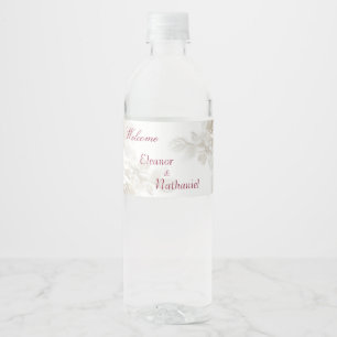 3D White Floral Burgundy Wedding Water Bottle Wrap Label