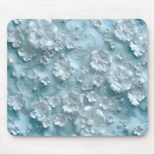 3D White Flowers on Light Blue Background Mouse Pad