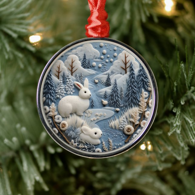 3D White Rabbits Woodland Chirstmas Animal  Metal Ornament (Tree)