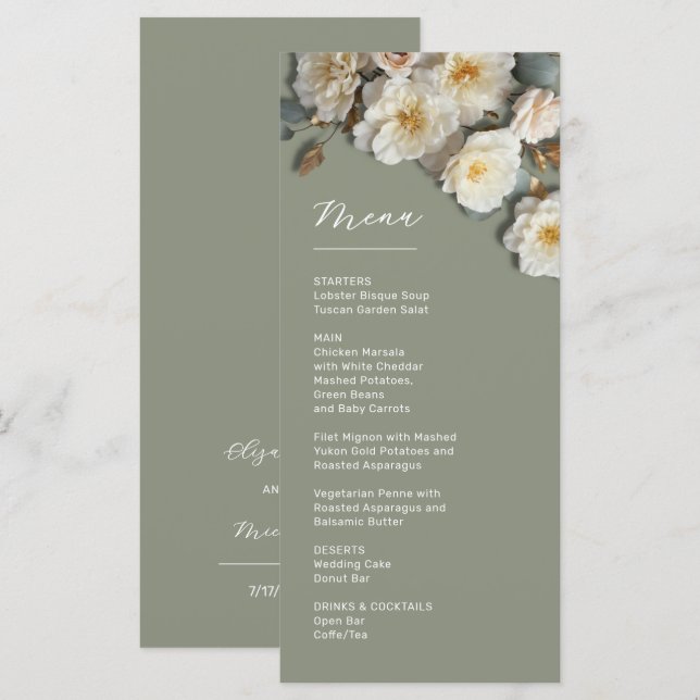3D White Roses Sage Green Menu (Front/Back)