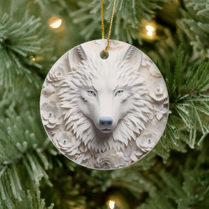 3D White Wolf Christmas Ceramic Ornament