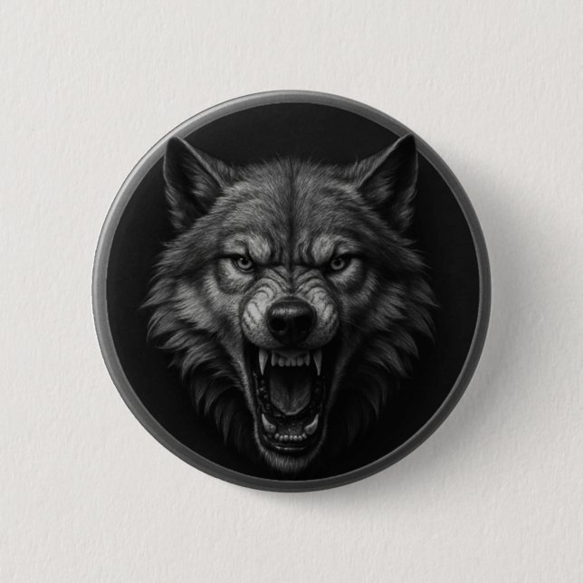 3D Wolf Head Silver Medallion Style Button (Front)