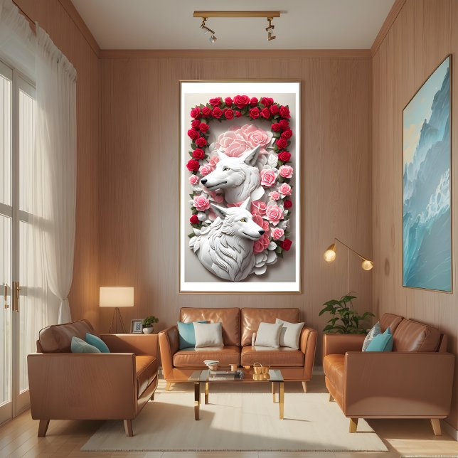 3D wolf poster adorned with red roses (Creator Uploaded)