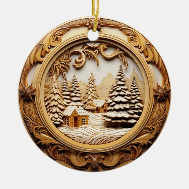 3D Wood Look Winter Cabin In The Woods Ceramic Ornament (Front)