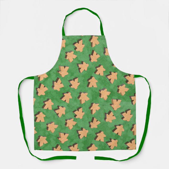 3D Wood Meeple Game Piece on Green Apron (Front)