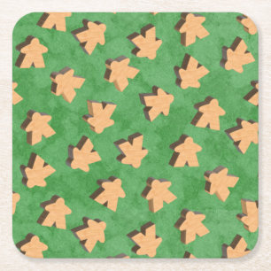 3D Wood Meeple Game Piece on Green Napkins Square Paper Coaster