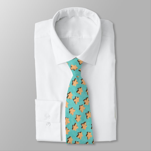 3D Wood Meeple on Aqua Blue Tie (Tied)