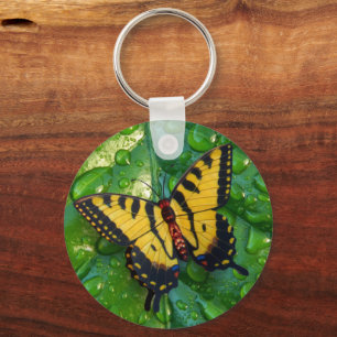 3D Yellow Butterfly on Green leaf Raindrops   Keychain