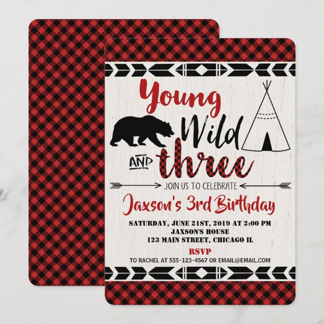 3e anniversaire invitation garçon sauvage trois ou (Devant / Derrière)