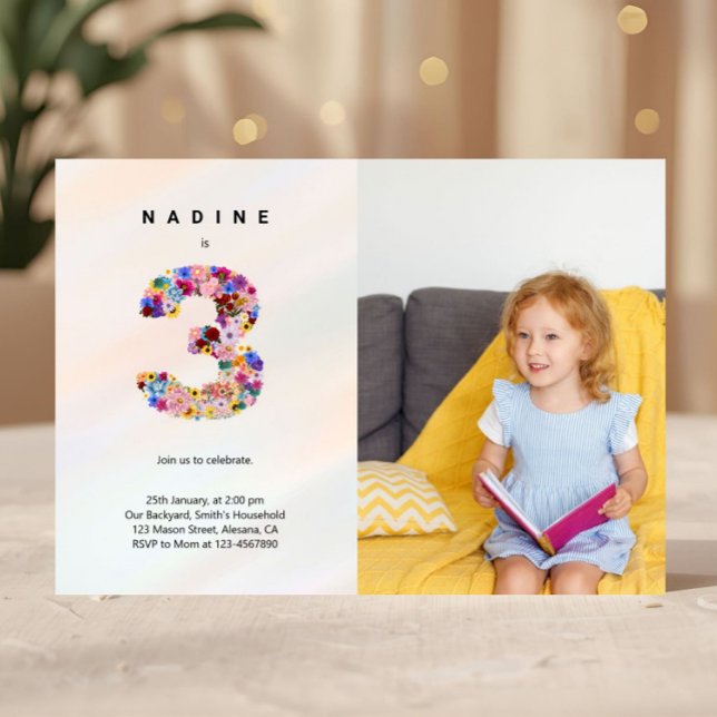 3e anniversaire Pastel Pink Florals Invitation pho (Floral 3rd Birthday Invitation, Blush Pink Invitation, Third Birthday Invites for Girl)