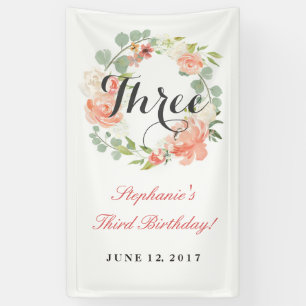 3e anniversaire Pink Floral Wreath Trois bannière