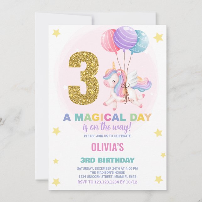 3e anniversaire Unicorn Anniversaire Invitations (Devant)
