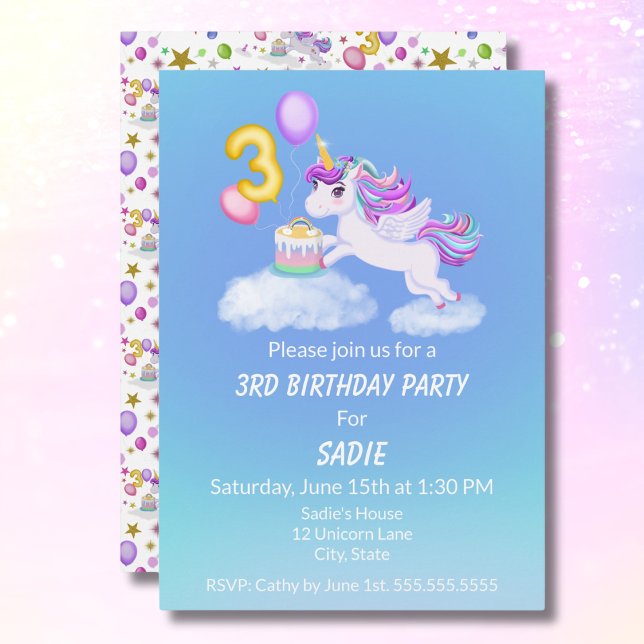 3e anniversaire Unicorne avec invitation de gâteau (Créateur téléchargé)