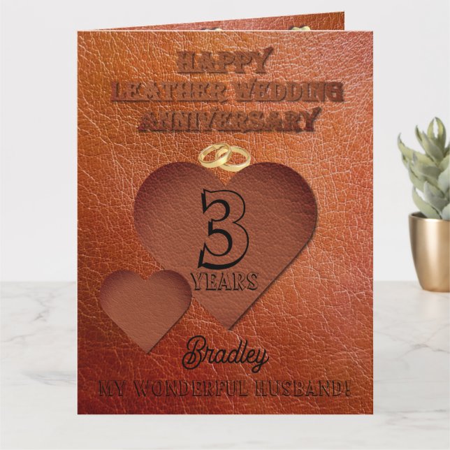3e carte d'anniversaire Mariage en cuir pour mari (Petite plante)