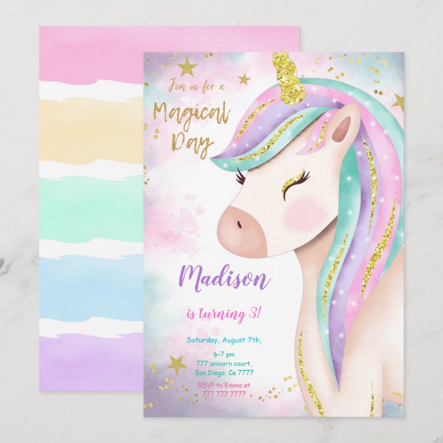 3e Invitation d'anniversaire de la licorne magique (Devant / Derrière)