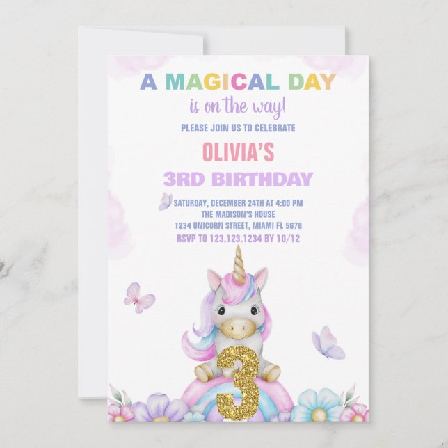 3e Unicorne florale Invitations d'anniversaire (Devant)