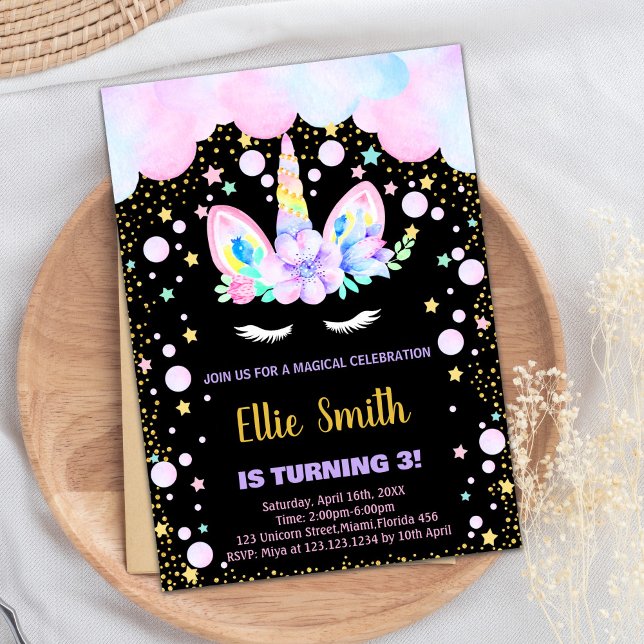 3e Unicorne violet Invitations d'anniversaire (3rd Purple Unicorn Birthday Invitations)