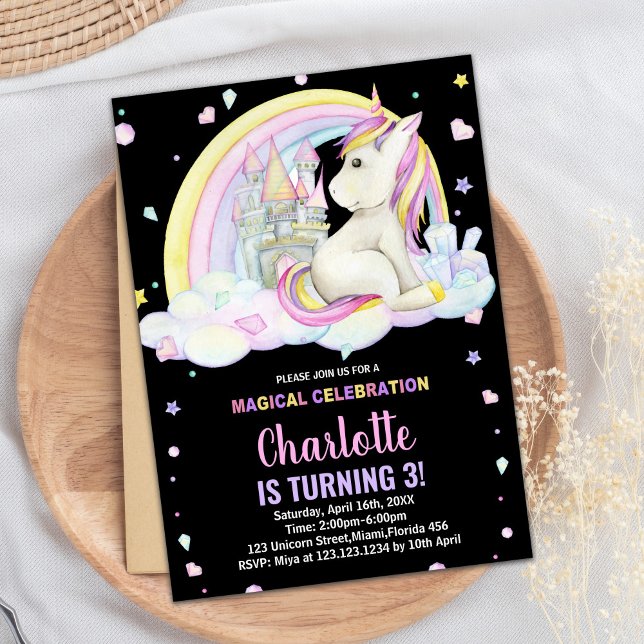 3ème Floral Black Unicorn Invitations Anniversaire (3rd Floral Black Unicorn Birthday Invitations)