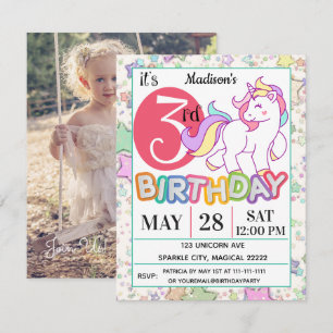 3ème invitation de fête d'anniversaire de licorne