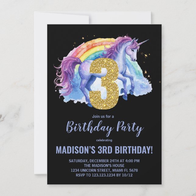 3ème Rainbow Unicorn Invitations d'anniversaire (Devant)