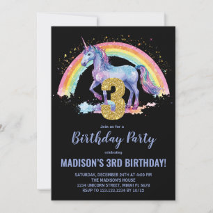 3ème Rainbow Unicorn Invitations d'anniversaire