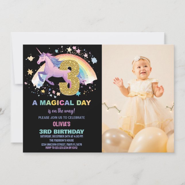 3ème Unicorn Invitations d'anniversaire avec photo (Devant)
