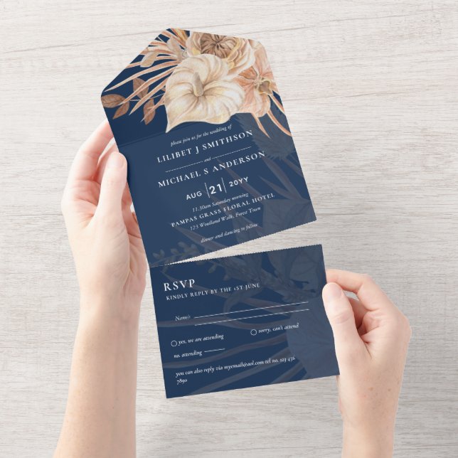 3in1 BOHO Pampas Grass Terracotta Wedding RSVP All In One Invitation (Tearaway)