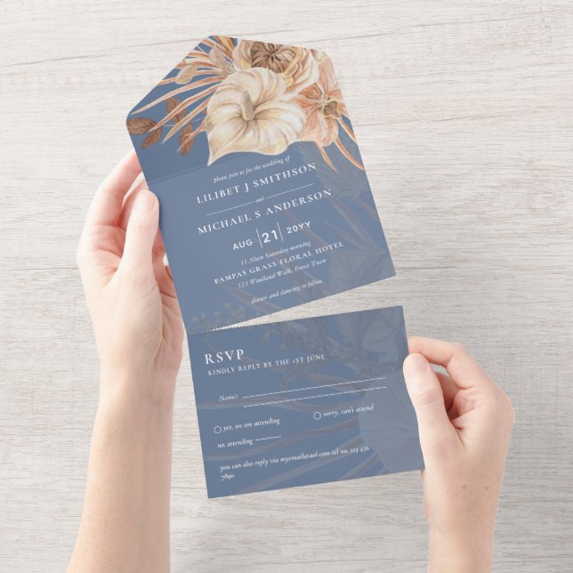 3in1 BOHO Pampas Grass Terracotta Wedding RSVP All In One Invitation (Tearaway)