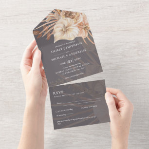 3in1 BOHO Pampas Grass Terracotta Wedding RSVP All In One Invitation