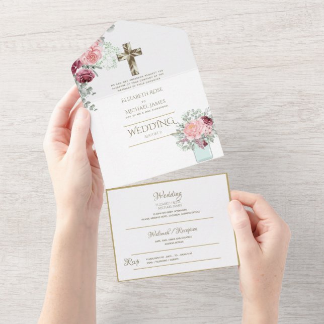 3in1 Catholic Wedding Invites Floral Gold RSVP (Tearaway)