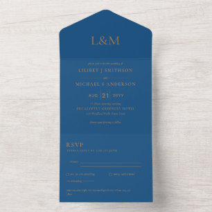 3in1 Classic Blue Gold Text Only Wedding Invite