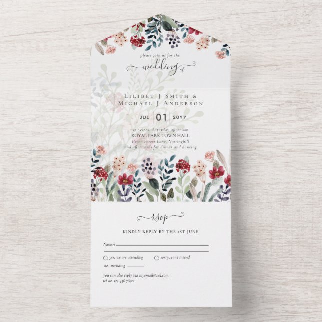  3in1 Dusty Blue Burgundy Floral Wedding All In One Invitation (Inside)