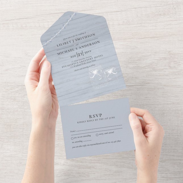 3in1 Dusty Blue Mason Jars Driftwood Wedding RSVP  All In One Invitation (Tearaway)