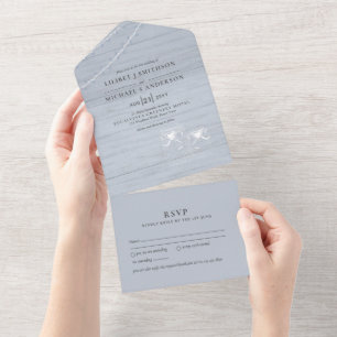 3in1 Dusty Blue Mason Jars Lights Wedding RSVP All In One Invitation