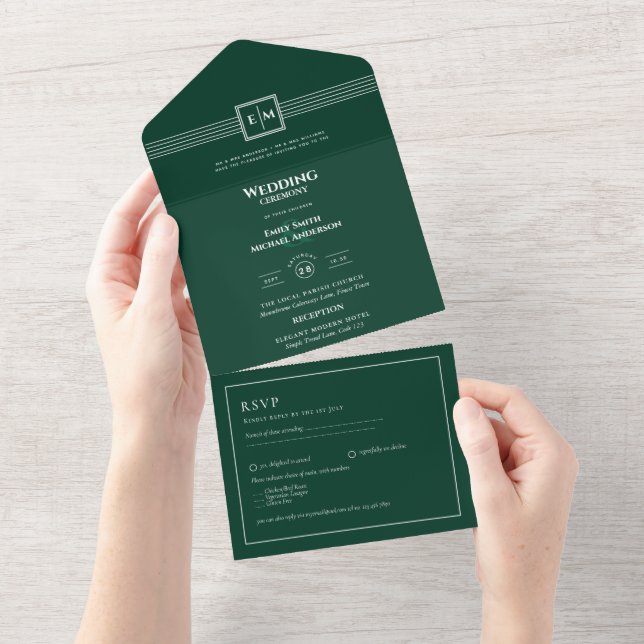 3in1 Emerald Green Monochrome RSVP Text Wedding All In One Invitation (Tearaway)