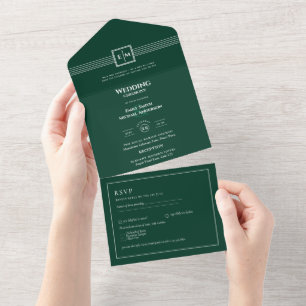 3in1 Emerald Green Monochrome RSVP Text Wedding All In One Invitation