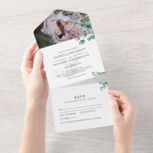 3in1 Eucalyptus Greenery PHOTO Wedding INVITE RSVP