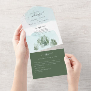 3in1 Forest Pine Trees Mountain Wedding RSVP  All In One Invitation