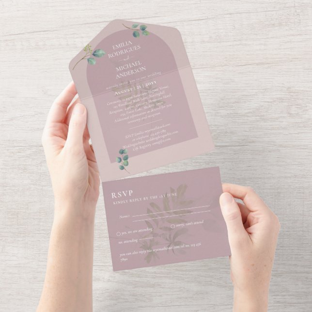 3in1 Greenery Eucalyptus Arch Wedding RSVP All In One Invitation (Tearaway)