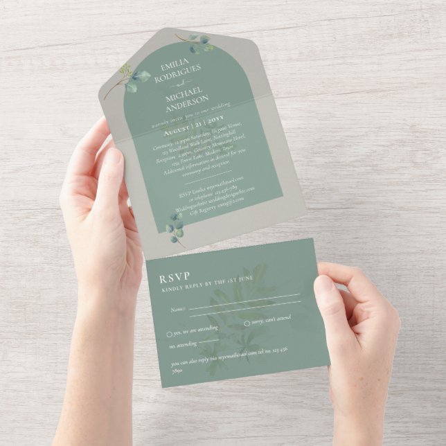 3in1 Greenery Eucalyptus Arch Wedding RSVP All In One Invitation (Tearaway)