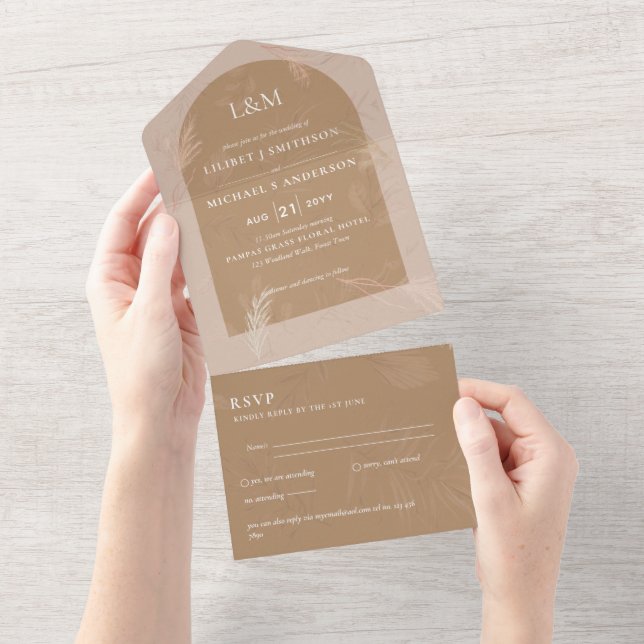 3in1 Minimalist Pampas Grass TYPOGRAPHY Wedding All In One Invitation (Tearaway)