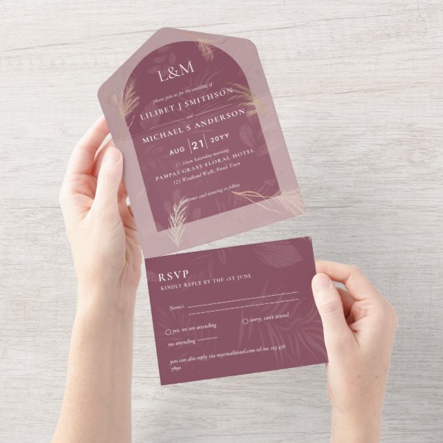 3in1 Minimalist Pampas Grass TYPOGRAPHY Wedding All In One Invitation (Tearaway)