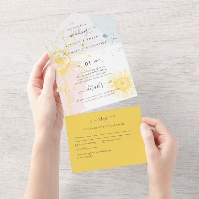 3in1 Modern Sunflower Blush Pink Blue Wedding RSVP All In One Invitation (Tearaway)