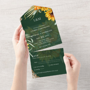 3in1 Monogram Sunflowers Pampas Grass Wedding RSVP All In One Invitation