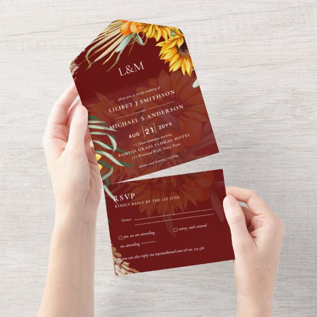 3in1 Monogram Sunflowers Pampas Grass Wedding RSVP All In One Invitation (Tearaway)