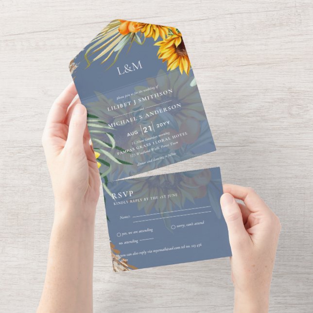 3in1 Monogram Sunflowers Pampas Grass Wedding RSVP All In One Invitation (Tearaway)